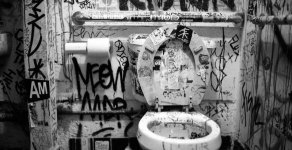 Una toilette sucia, llena de escritas y malos olores