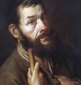 Un autorretrato el pintor italiano Giacomo Ceruti que bien podría ser nuestro Juan de la cachiporra y la cueva encantada. En este cuadro Giacomo se retrata como peregrino, su palo de andar nos hizo pensar en la porra de Juan