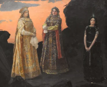 Pintura de las Tres princesas del Reino Subterráneo, obra de Viktor Vasnetsov (1848–1926) para ilustrar el cuento popular Ruso Atardecer, Medianoche y amanecer. Público Dominio