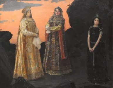 Pintura de las Tres princesas del Reino Subterráneo, obra de Viktor Vasnetsov (1848–1926) para ilustrar el cuento popular Ruso Atardecer, Medianoche y amanecer. Público Dominio
