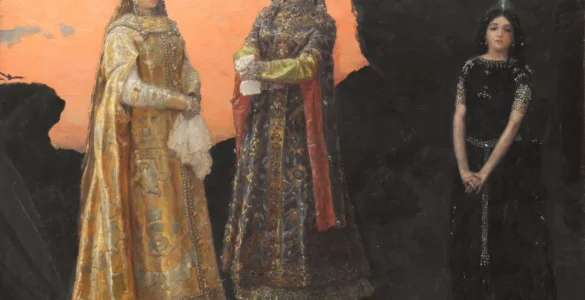 Pintura de las Tres princesas del Reino Subterráneo, obra de Viktor Vasnetsov (1848–1926) para ilustrar el cuento popular Ruso Atardecer, Medianoche y amanecer. Público Dominio