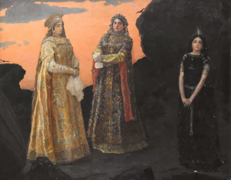 Pintura de las Tres princesas del Reino Subterráneo, obra de Viktor Vasnetsov (1848–1926) para ilustrar el cuento popular Ruso Atardecer, Medianoche y amanecer. Público Dominio