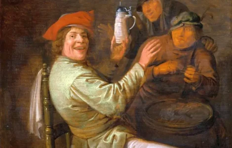 Pintura barroca que representa a tres hombres sentados alrededor de una mesa, que bien podrían ser los protagonista de tres hombres y tres cadáveres. El dipinto es de Molenaer, del año 1637