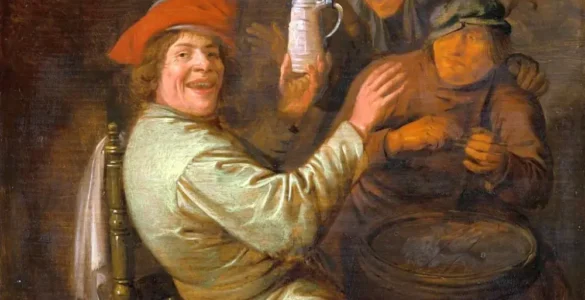 Pintura barroca que representa a tres hombres sentados alrededor de una mesa, que bien podrían ser los protagonista de tres hombres y tres cadáveres. El dipinto es de Molenaer, del año 1637