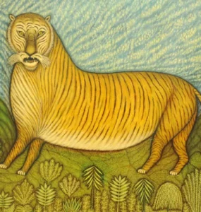 Pintura naif de un león, protagonista del cuento Los animales agradecidos, obra de Morris Hirschfield, expuesta en el MOMA de Nueva York
