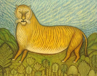 Pintura naif de un león, protagonista del cuento Los animales agradecidos, obra de Morris Hirschfield, expuesta en el MOMA de Nueva York