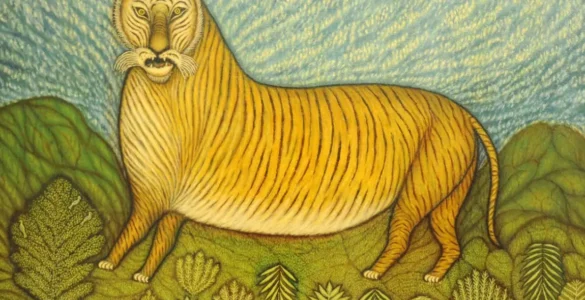 Pintura naif de un león, protagonista del cuento Los animales agradecidos, obra de Morris Hirschfield, expuesta en el MOMA de Nueva York