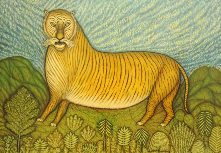 Pintura naif de un león, protagonista del cuento Los animales agradecidos, obra de Morris Hirschfield, expuesta en el MOMA de Nueva York