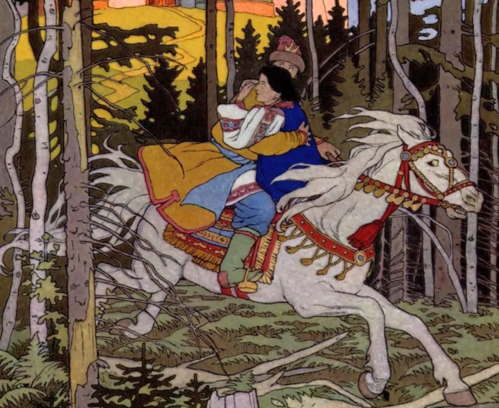 El principe Iván y María intentan escapar a caballo de Koschei el inmortal. Ilustración de Ivan Bilibin.