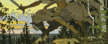 Ilustración de Ivan Bilibin de Kochei el inmortál cabalgando con la espada levantada