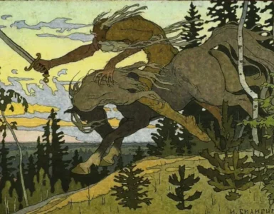 Ilustración de Ivan Bilibin de Kochei el inmortál cabalgando con la espada levantada