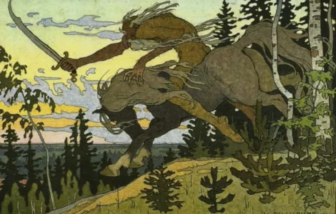 Ilustración de Ivan Bilibin de Kochei el inmortál cabalgando con la espada levantada