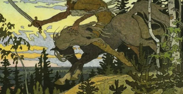 Ilustración de Ivan Bilibin de Kochei el inmortál cabalgando con la espada levantada