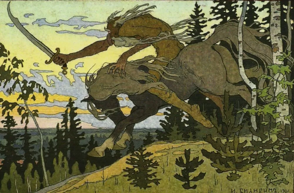 Ilustración de Ivan Bilibin de Kochei el inmortál cabalgando con la espada levantada